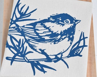 Chickadee Tea Towel  100% Organic Floursack Cotton  Navy Print Dishcloth  Maine Bird Kitchen Decor