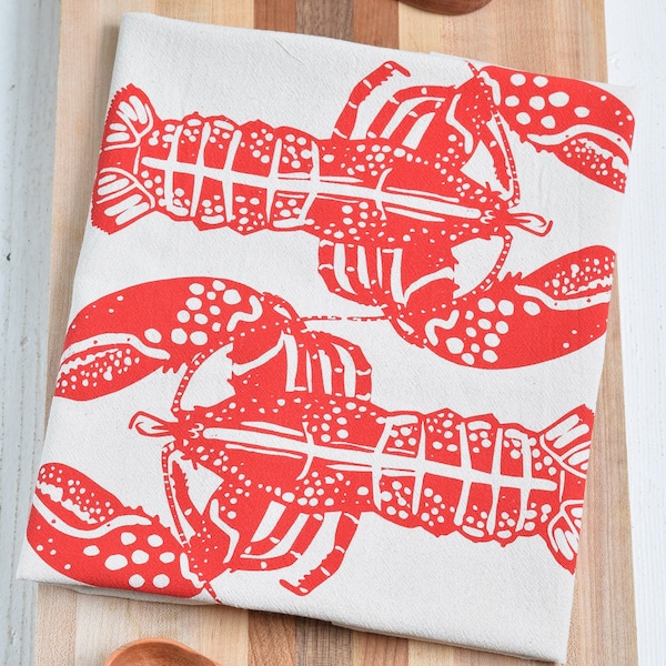 Lobster Tea Towel  Soft Organic Floursack Cotton  Red Print  Nautical Kitchen Decor
