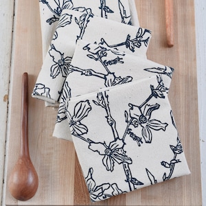 Hand Printed Organic Cotton Napkins: Forsythia Flower Design, Set of 4