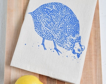 Guinea Hen Cloth Napkins - Organic Cotton - Set of 4 - Bird Print - Handmade - Eco - Screen Printed - Tablescape - Tabletop Decor - Blue