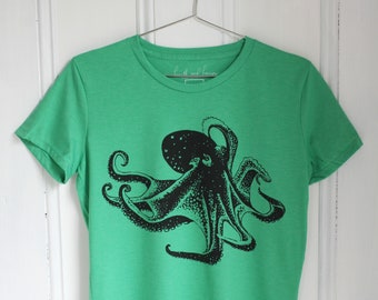 Mens T Shirt - Organic - Octopus Tee - Tri-Blend - Hand Screen Print - Men's T-Shirts - Graphic T-shirt - Green - Dad Gift - Octopus Print