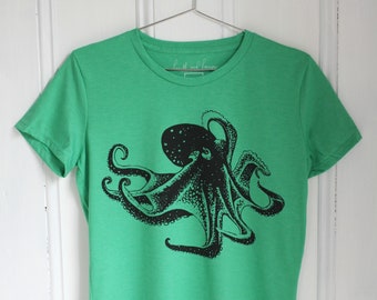 Womens T Shirt - Organic - Octopus Tee - Tri-Blend - Hand Screen Printed - Women's T-Shirts - Eco Fashion - Slow Fashion