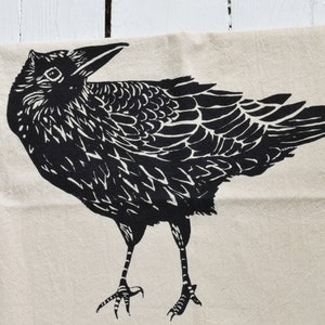 Organic Cotton Crow Tea Towel  Hand Printed Black Raven Dishcloth  Bird Print Kitchen Towel