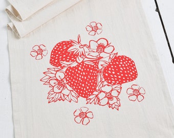 Tea Towel - Organic Cotton - Strawberry Print - Screen Printed - Unpaper Towel - Flour Sack Towel - Eco Friendly Kitchen - Strawberries