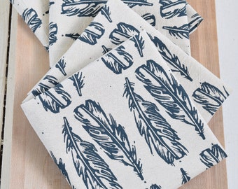 Block Feather Print Napkins - Set of 4 - Organic Cotton - Navy Blue Print - Tablescape - Cloth Napkins  - Eco Friendly - Tabletop Decor