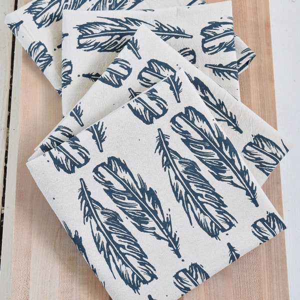 Block Feather Print Napkins - Set of 4 - Organic Cotton - Navy Blue Print - Tablescape - Cloth Napkins  - Eco Friendly - Tabletop Decor