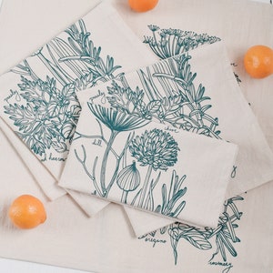 Kitchen Herb Print Napkins - Set of 4 - Organic Cotton - Tablescape - Cloth Napkins  - Eco Friendly - Tabletop Decor - Herbs - Garden Herb