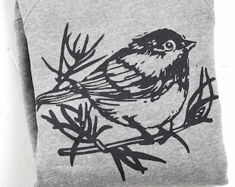 Chickadee Sweatshirt - Crewneck Sponge Fleece - Unisex Adult Sweatshirt - Bird Print - Pullover - Fleece - Heathered Grey - Bird Shirt