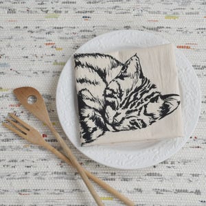 Cat Tea Towel - Organic Cotton - Flour Sack Towel - Screen Printed - Unpaper Towel - Kitchen Towels - Sleeping Kitten - Black