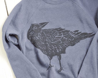 Crow Sweatshirt - Crewneck Sponge Fleece - Unisex Adult Sweatshirt - Bird Print - Pullover - Raven Sweatshirt - Fleece - Heathered Navy