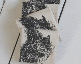 Squirrel Print Cloth Napkins - Set of 4 - Organic Cotton - Eco Friendly - Hand Printed - Unpaper Towels - Dinner Napkins - Cocktail Napkins