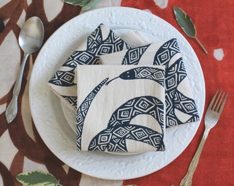 Snake Napkins  Set of 4   100% Organic Cotton  Navy Blue Ouroboros Print  Farmhouse Kitchen