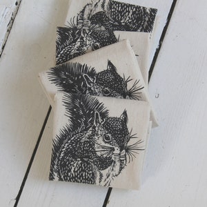 Squirrel Print Cloth Napkins - Set of 4 - Organic Cotton - Eco Friendly - Hand Printed - Unpaper Towels - Dinner Napkins - Cocktail Napkins