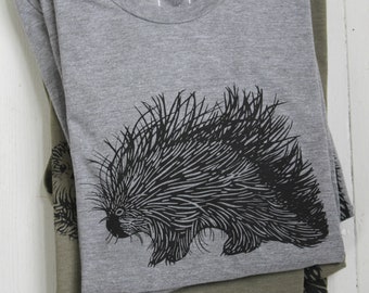 Mens T Shirt - Organic - Porcupine Tee - Tri-Blend - Hand Screen Print - Men's T-Shirts - Graphic T-shirt - Slow Fashion - Eco Fashion