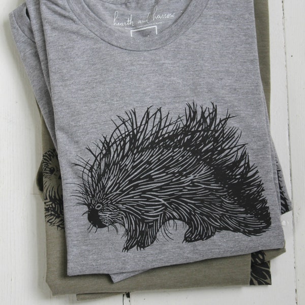 Mens T Shirt - Organic - Porcupine Tee - Tri-Blend - Hand Screen Print - Men's T-Shirts - Graphic T-shirt - Slow Fashion - Eco Fashion