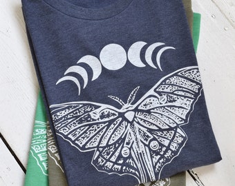 Women's Luna Moth T Shirt - Organic and Recycled - Tri-Blend - Moon Phases Shirt - Women's T-Shirts - Eco Fashion - Slow Fashion - Insect