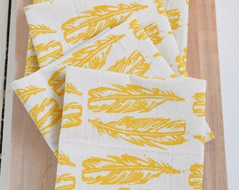 Block Feather Print Napkins - Set of 4 - Organic Cotton - Tablescape - Cloth Napkins  - Eco Friendly - Tabletop Decor - Mustard Yellow