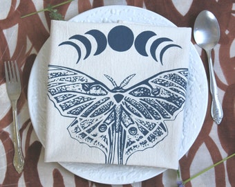 Luna Moth Tea Towel - Organic Cotton - Screen Printed - Unpaper Towel - Eco Friendly Kitchen Towels - Flour Sack Towel - Navy Blue Print