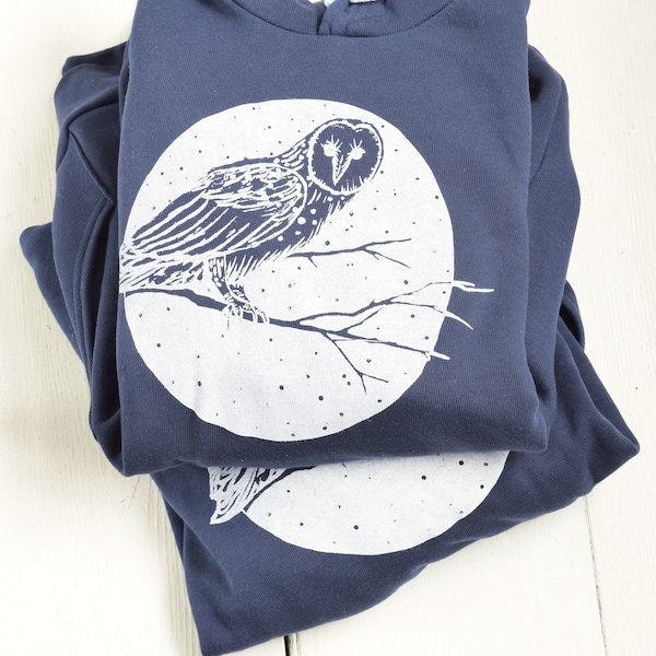 Barn Owl Hoodie - Unisex Adult Sweatshirt - Animal Print - Pullover Hoodie - Kangaroo Pockets - Fleece - Owl Sweatshirt - Hooded - Navy Blue