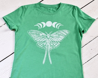 Luna Moth T-Shirt: Organic Recycled Tri-Blend, Moon Phases Print