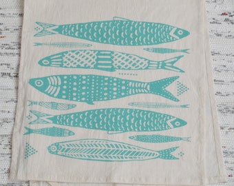 Theedoek - Biologisch Katoen - Sardines Design - Gezeefdrukt - Onverpaterde handdoek - Eco-vriendelijke keukenhanddoeken - Meelzakhanddoek - Mint Green