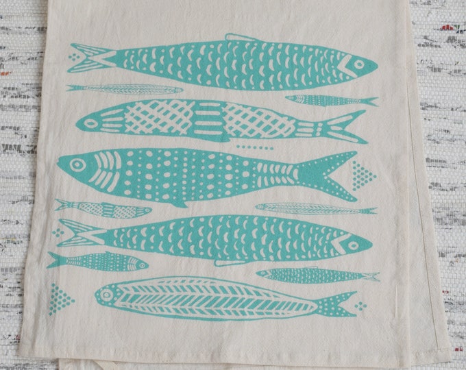 Tea Towel - Organic Cotton - Sardines Design - Screen Printed - Unpaper Towel - Eco Friendly Kitchen Towels - Flour Sack Towel - Mint Green