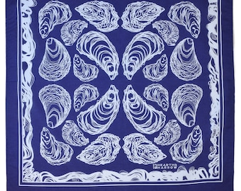 Oyster Bandana - 100% Cotton - Handkerchief - Royal Blue - Hand Screen Printed - Soft and Washable - Nautical Scarf - Mussel Shell - Oysters