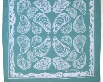 Oyster Bandana - 100% Cotton - Handkerchief - Green - Hand Screen Printed - Soft and Washable - Nautical Scarf - Mussel Shell - Oyster Hanky