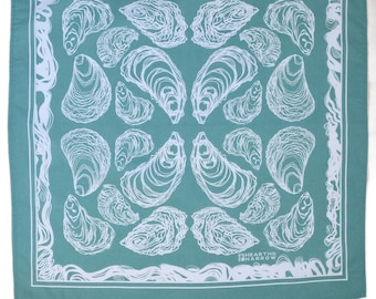 Oyster Bandana - 100% Cotton - Handkerchief - Green - Hand Screen Printed - Soft and Washable - Nautical Scarf - Mussel Shell - Oyster Hanky