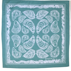 Oyster Bandana - 100% Cotton - Handkerchief - Green - Hand Screen Printed - Soft and Washable - Nautical Scarf - Mussel Shell - Oyster Hanky