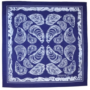 Oyster Bandana 100% Cotton Handkerchief Royal Blue Hand Screen Printed Soft and Washable Nautical Scarf Mussel Shell Oysters image 1