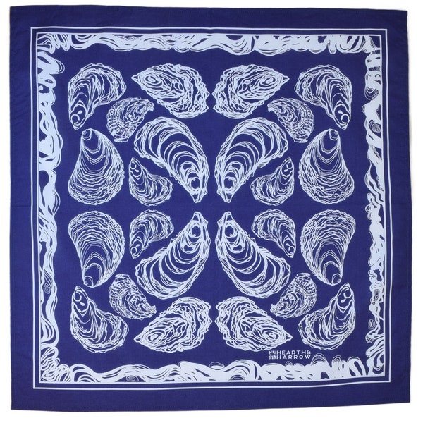 Oyster Bandana - 100% Cotton - Handkerchief - Royal Blue - Hand Screen Printed - Soft and Washable - Nautical Scarf - Mussel Shell - Oysters