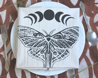 Luna Moth Tea Towel - Organic Cotton - Screen Printed - Unpaper Towel - Eco Friendly Kitchen Towels - Flour Sack Towel - Black Print - Moons