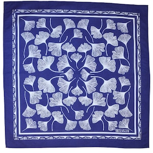 Ginkgo Leaf Bandana 100% Cotton Handkerchief Royal Blue Hand Screen Printed Soft and Washable Ginkgo Biloba Hair Scarf image 2