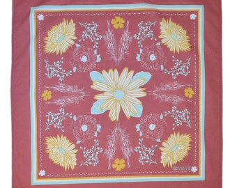 Calendula Blossom Bandana - 100% Cotton - Handkerchief - Floral Print - Hand Screen Printed - Soft and Washable - Red - Flower Hair Scarf