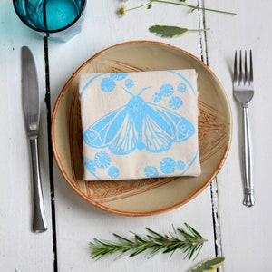 Moth Napkins  Set of 4   100% Organic Cotton  Sky Blue Pollinator Print  Butterfly Kitchen