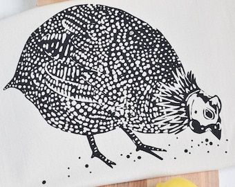 Guinea Hen Tea Towel - Organic Cotton - Bird Design - Floursack Towel - Screen Printed - Eco Friendly - Kitchen Decor - Farmhouse Tea Towel