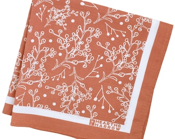 Burnt Orange Baby's Breath Bandana: Hand Screen-Printed Cotton Handkerchief  Soft Hair Scarf