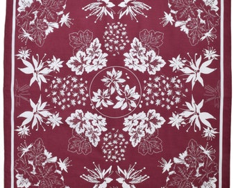 Shade Garden Bandana - 100% Cotton - Handkerchief - Flowers - Hand Screen Printed - Soft and Washable - Vintage Floral Print - Scarf - Red