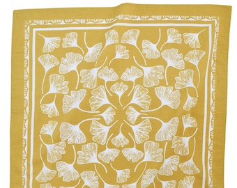 Ginkgo Leaf Bandana - 100% Cotton - Handkerchief - Mustard Yellow - Hand Screen Printed - Soft and Washable - Ginkgo Biloba