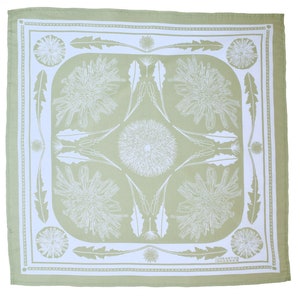 Dandelion Bandana - 100% Cotton - Handkerchief - Sage Green - Hand Screen Printed - Soft and Washable - Flower - Leaf - Dandy Kerchief