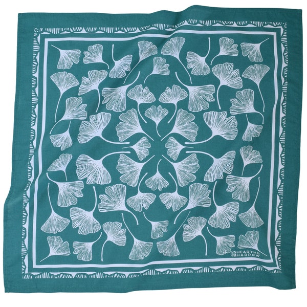 Ginkgo Leaf Bandana - 100% Cotton - Handkerchief - Dark Green - Hand Screen Printed - Soft and Washable - Ginkgo Biloba - Hair Scarf