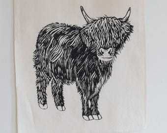 Tea Towel - Organic Cotton - Cow - Scottish Highland - Eco Friendly Kitchen Towel - Organic Flour Sack Towel - Screen Printed - Black