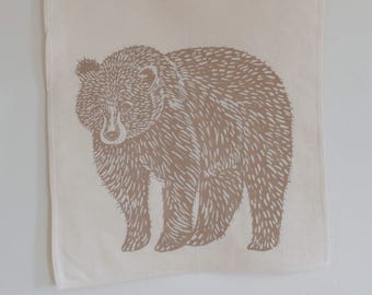 Bear Tea Towel - Organic Cotton - Screen Printed - Flour Sack Towel - Grizzly Bear - Eco Friendly - Unpaper Towel - Kitchen Towels - Bear