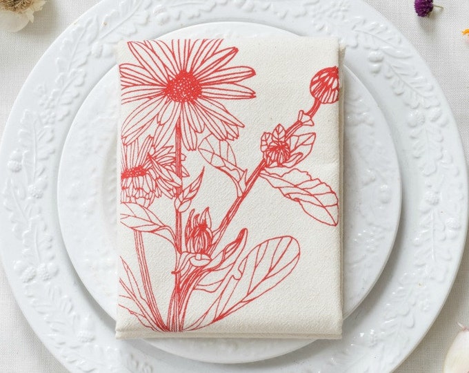 Tea Towel - Organic Cotton - Flower - Calendula - Unpaper Towel - Screen Printed - Botanical Design - Eco Friendly Kitchen Towels - Red