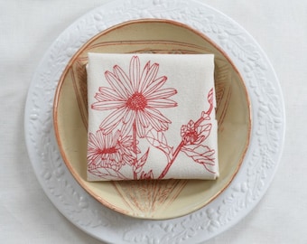 Cloth Napkins - Organic Cotton - Set of 4 - Botanical Print - Calendula - Screen Printed - Red - Organic Cloth Napkin Set - Flower Print