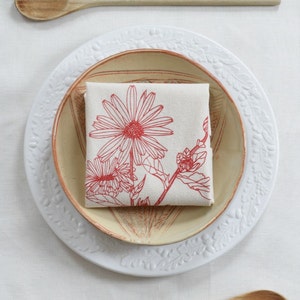 Organic Cotton Cloth Napkins - Set of 4 - Red Calendula Flower Print