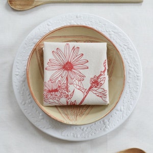 Cloth Napkins - Organic Cotton - Set of 4 - Botanical Print - Calendula - Screen Printed - Red - Organic Cloth Napkin Set - Flower Print