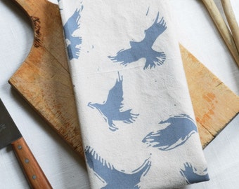 Flying Crow Tea Towel  Organic Cotton  Grey Birds Dishcloth  Modern Kitchen Decor  Raven Print