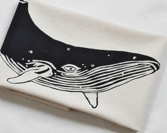 Tea Towel - Whale - Organic Cotton - Nautical Kitchen Towels - Organic Flour Sack Towel - Screen Printed - Black - Humpback Whale